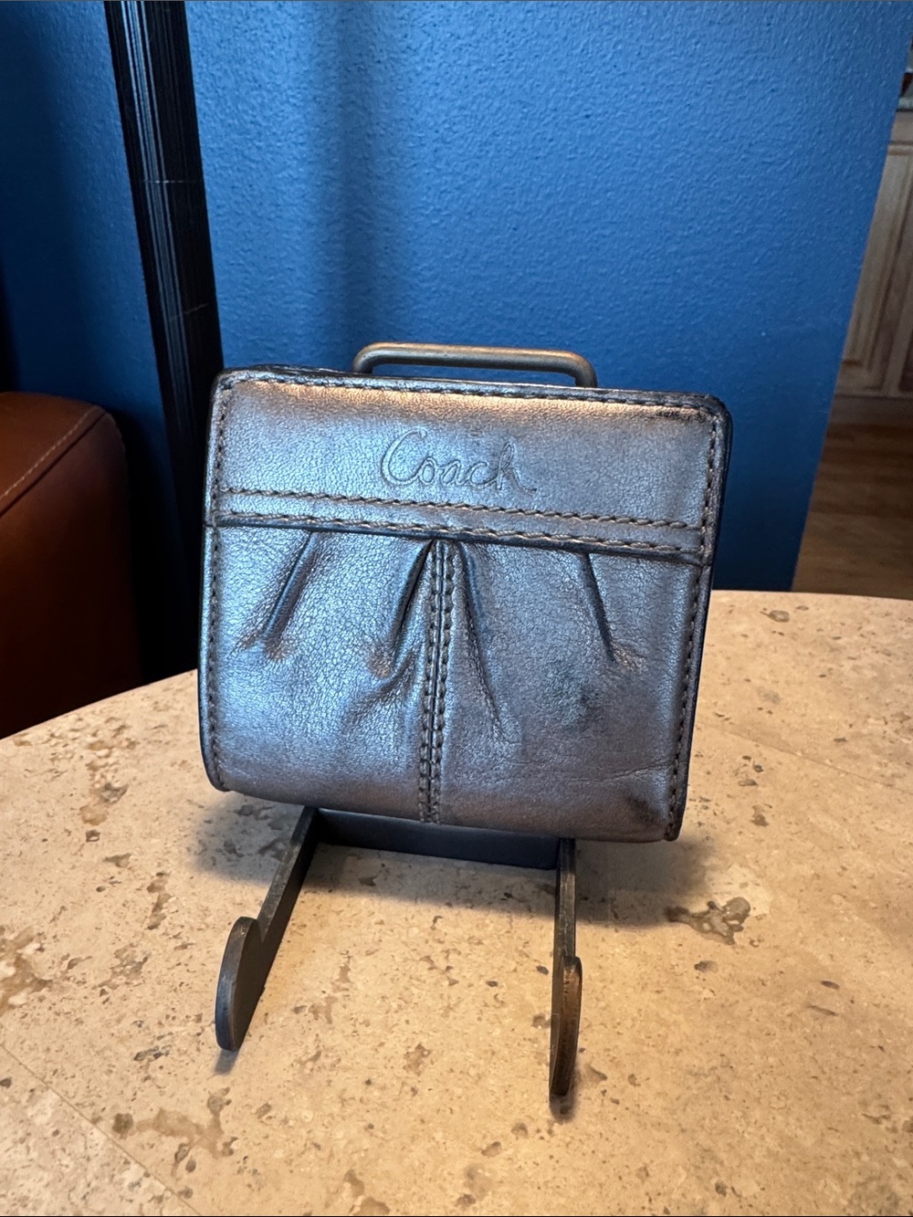 Coach Metallic Silver Leather Compact Wallet